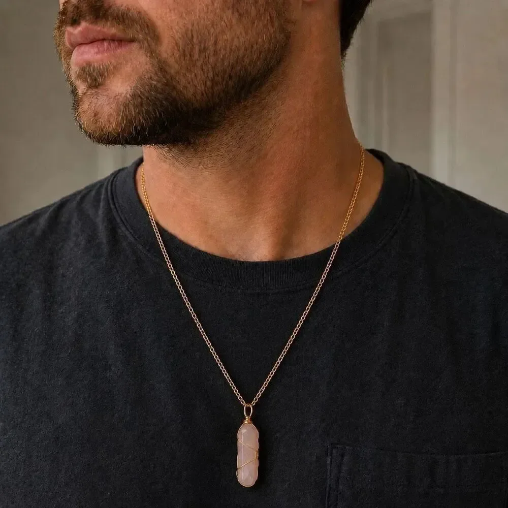 Milky Pink Hexagonal Crystal Necklace Gold Tone Wire Wrapped